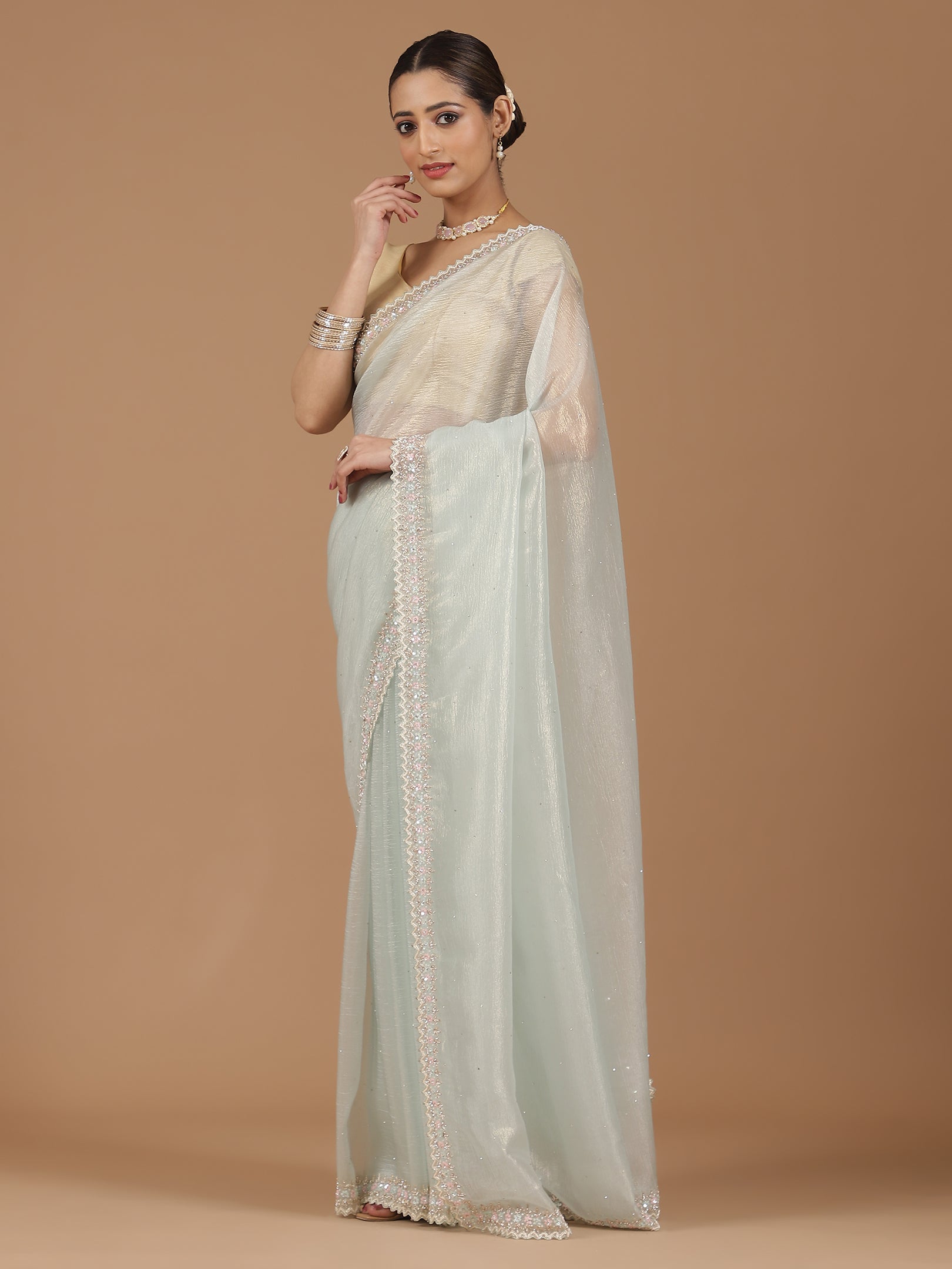 Net Saree with Delicate Floral Embroidery & Scalloped Border