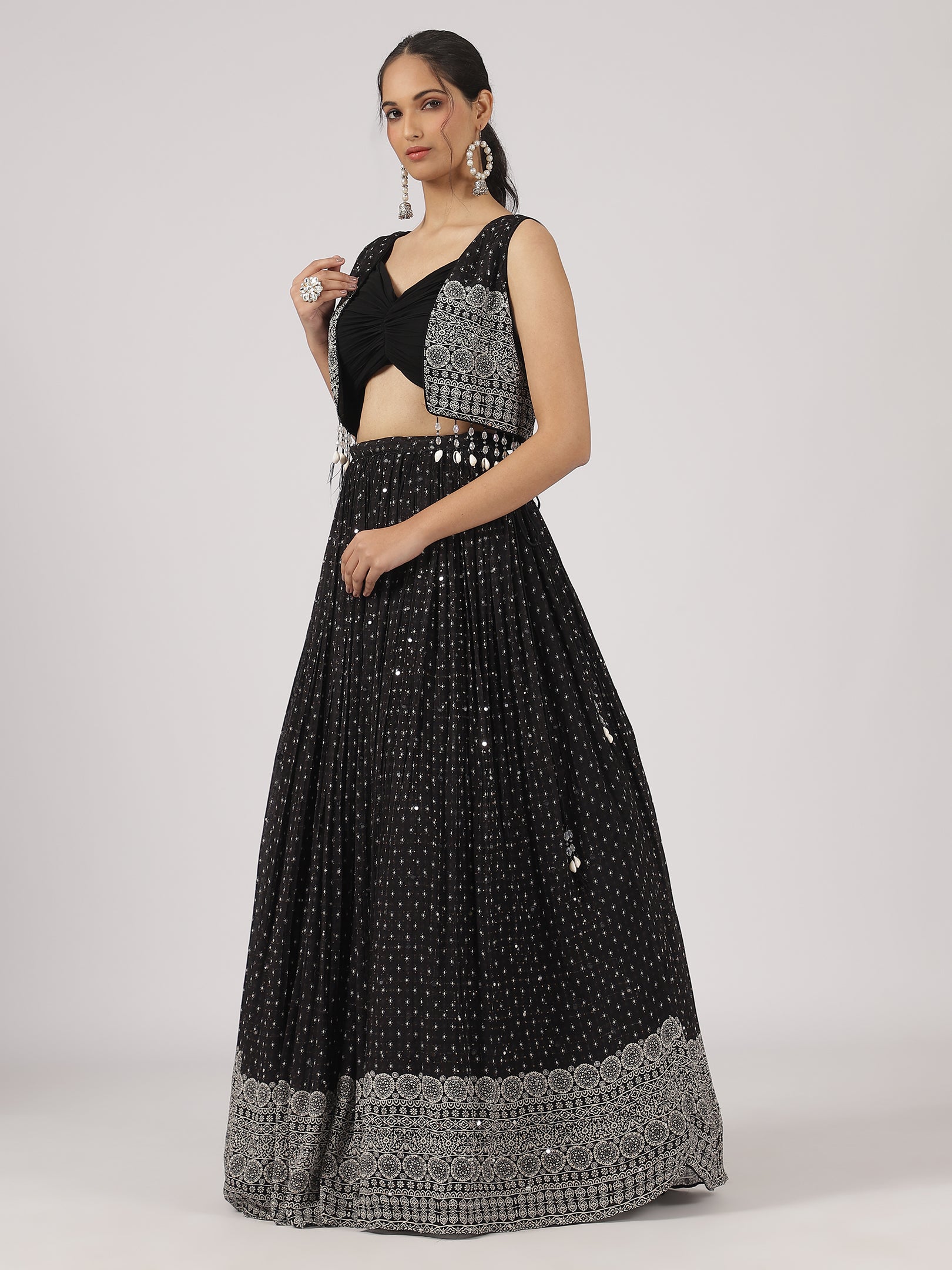 Jet Black Mirror Work Lehenga with Embroidered Jacket