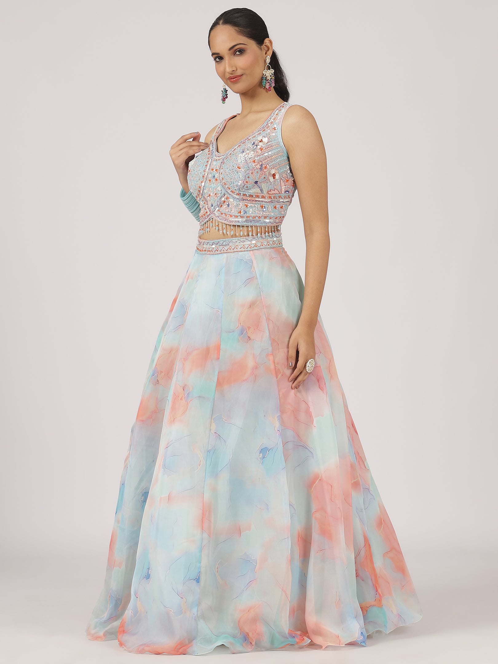 Pastel Blue & Peach Watercolor Organza Lehenga with Embroidered Blouse