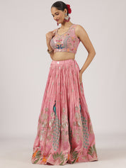 Stunning Pink Silk Lehenga with Peacock & Floral Embroidery