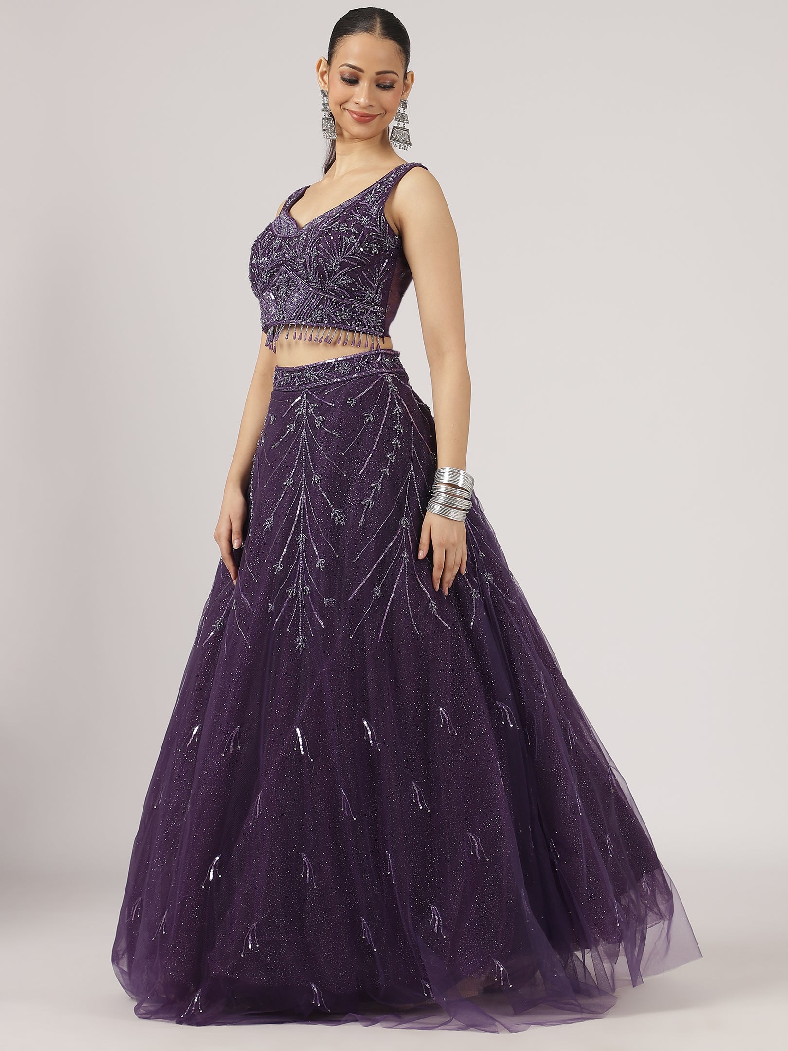 Regal Purple Embroidered Net Lehenga with Sequin Detailing