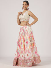 Elegant White & Pink Silk Lehenga with Embroidery & Sequins Work