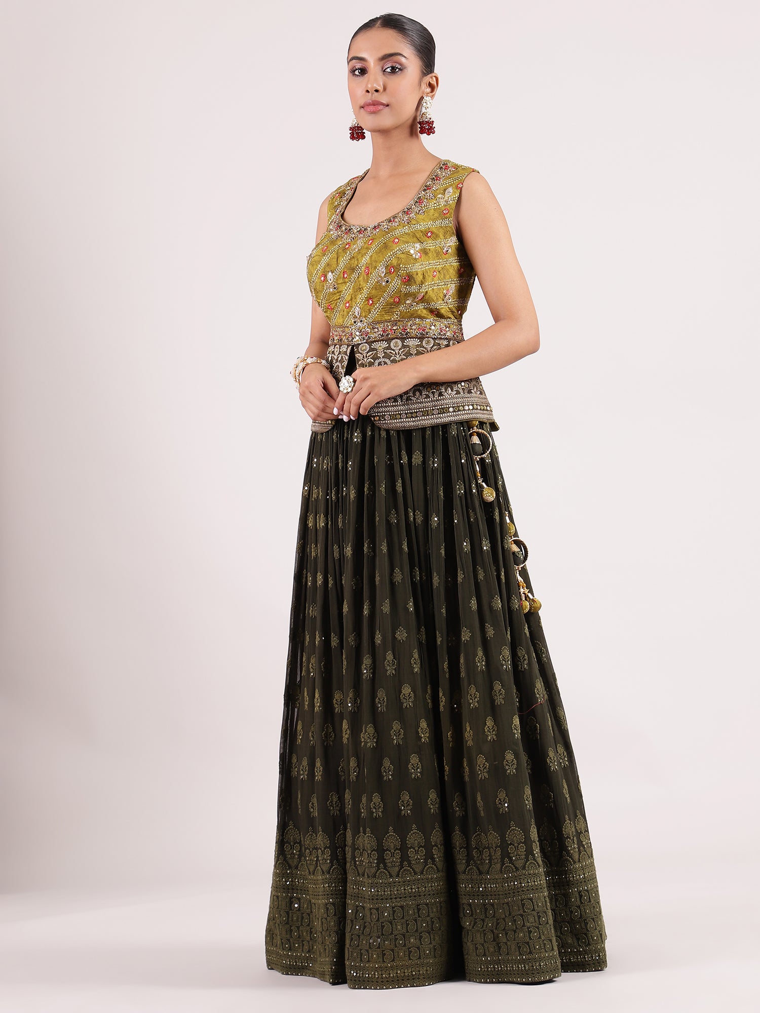 Radiant Bottle Green Georgette Lehenga with Mirror Work & Embroidered Blouse