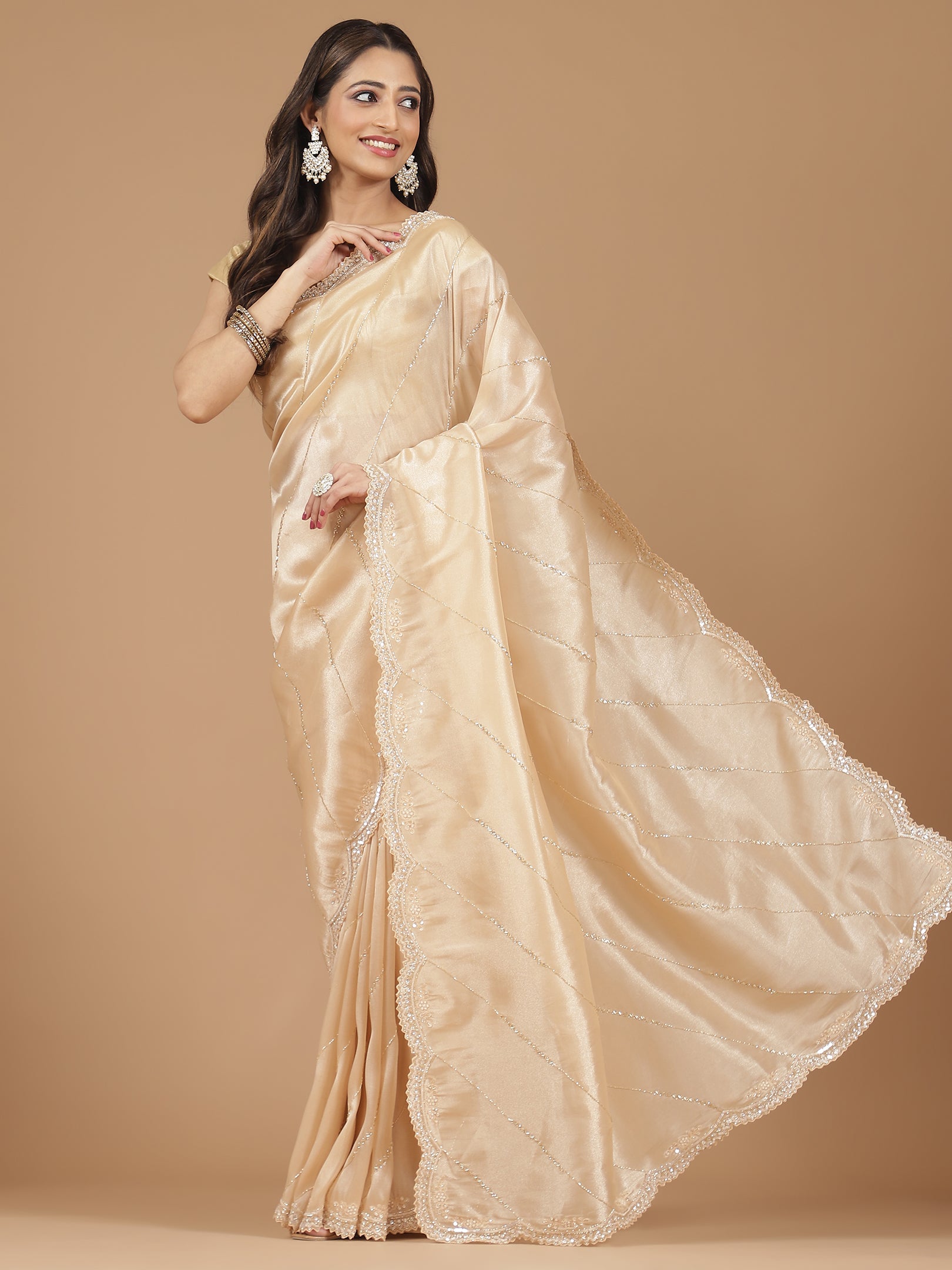 Radiant Cream Organza Saree with Delicate Embellishments