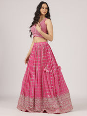 Fuchsia Pink Mirror Work Lehenga with Embroidered Blouse & Dupatta