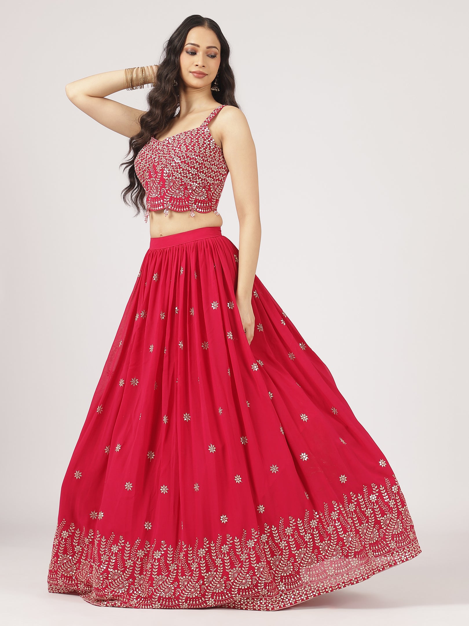 Radiant Red Embroidered Lehenga Set with Mirror Work Blouse & Sheer Dupatta