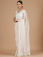 Ethereal Pure White Organza Tissue Saree with Scallop Sugar Beads Embroidery