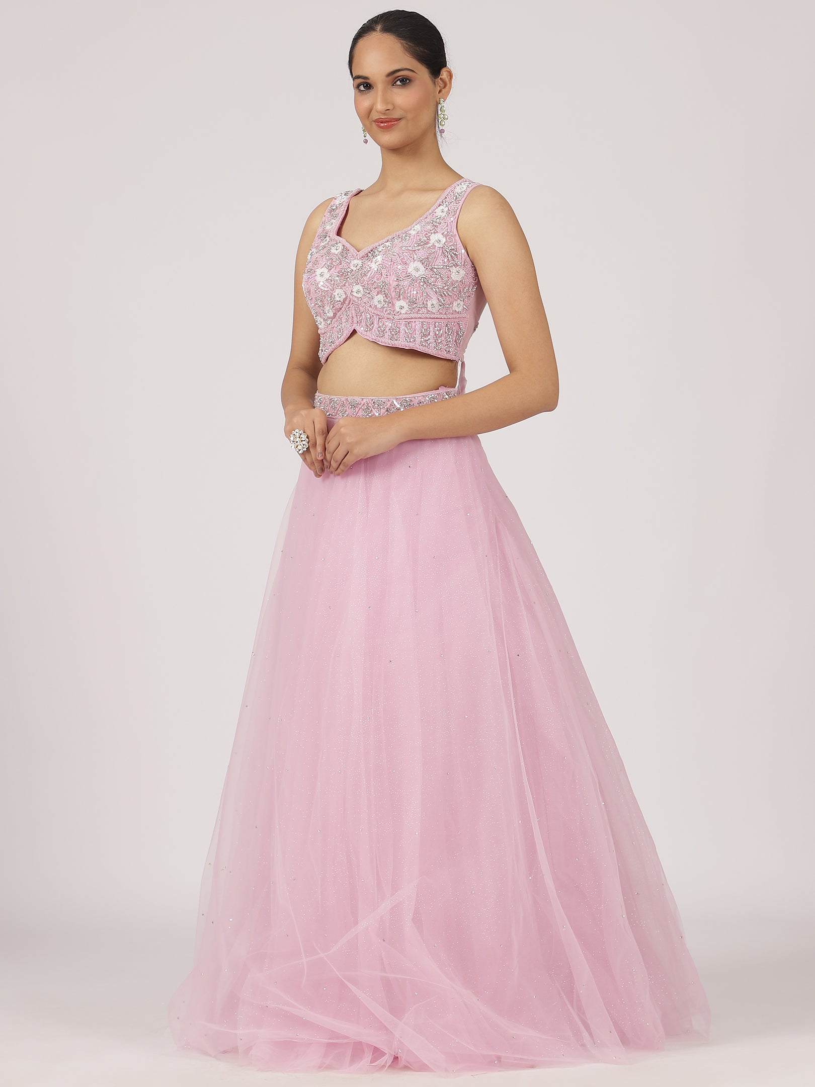 Dreamy Blush Pink Embroidered Net Lehenga with Sequin Work