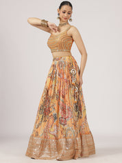 Bloom Orange Floral Print Lehenga with Embroidered Blouse & Dupatta