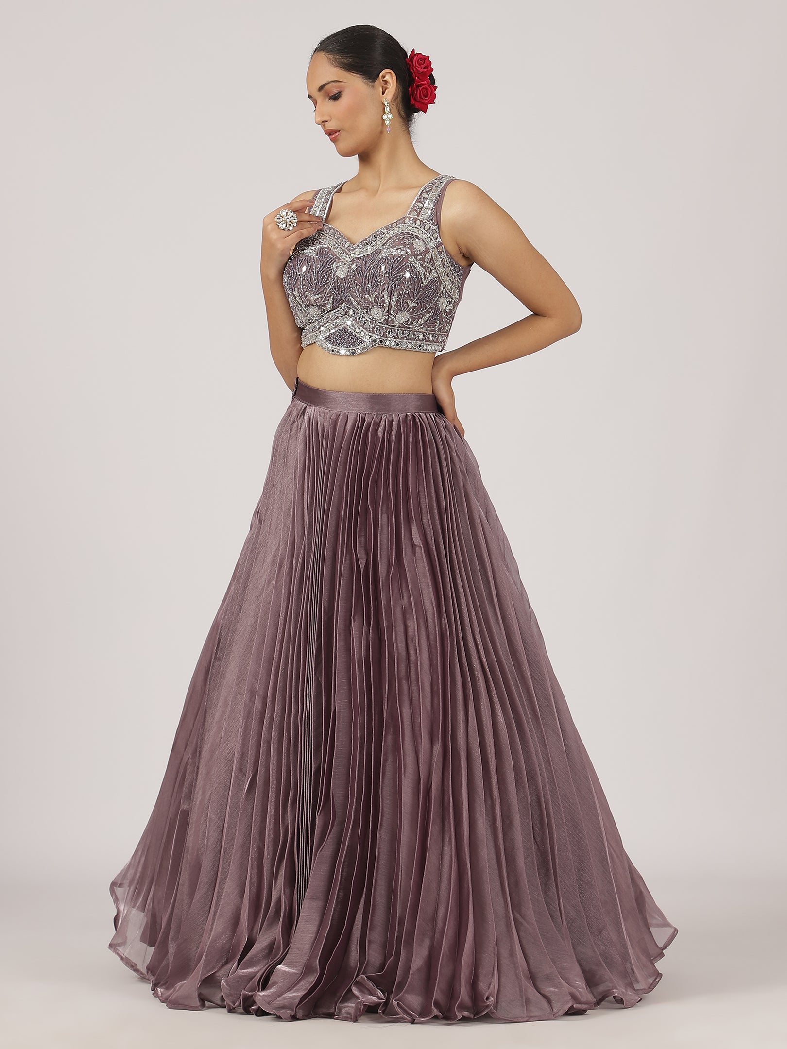 Mauve Pleated Organza Lehenga with Intricate Embroidered Blouse & Sheer Dupatta