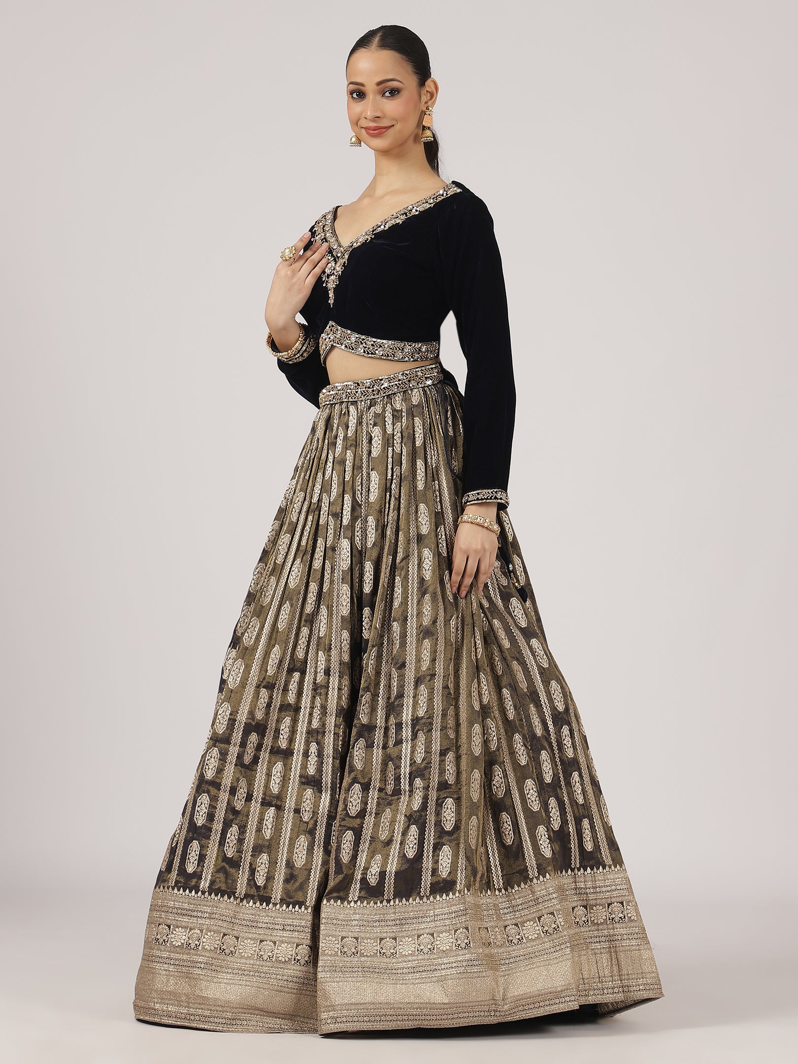 Midnight Blue Velvet Banarasi Lehenga with Zari Embroidery