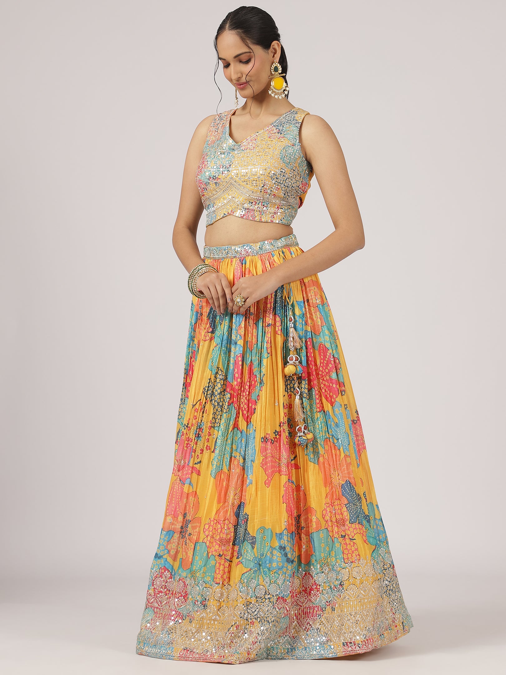 Mustard Yellow Printed Organza Lehenga with Sequin & Mirror Work Blouse