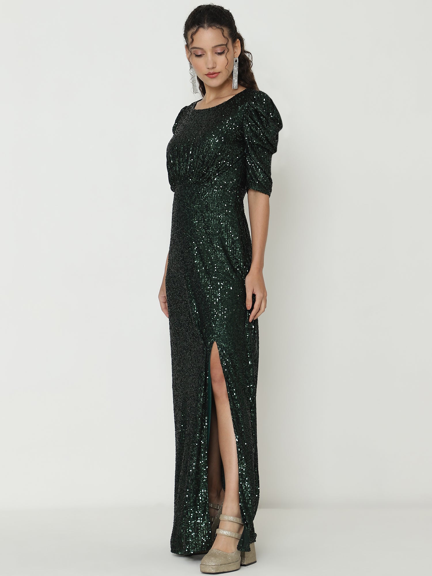 Chic Olive Green Gowns  with Knitted Sequin Work