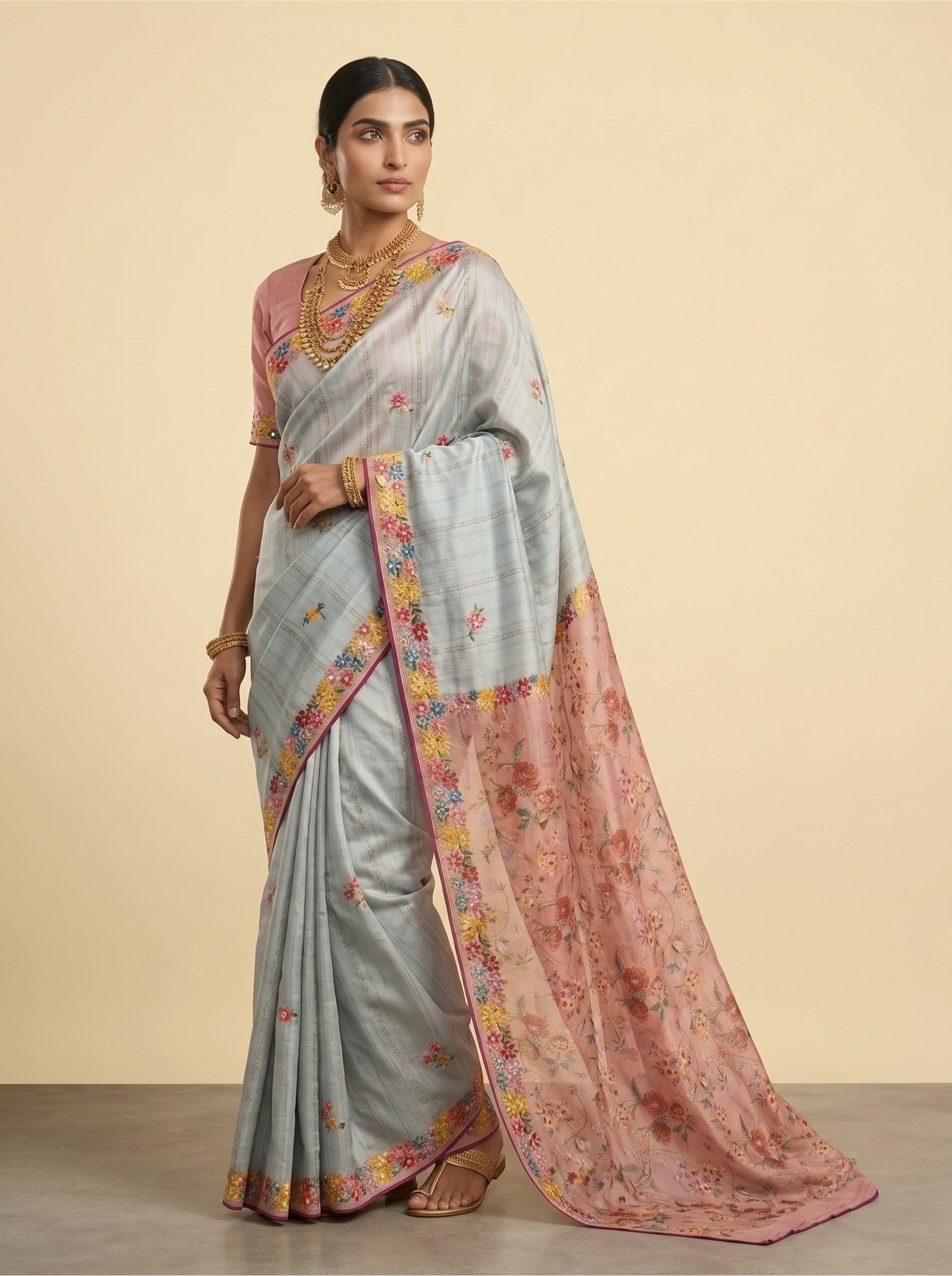 Grey Floral Embroidery Tussar Silk Saree with Contrast Pink Pallu