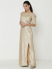 Stunning Gold Gown with Intricate Knitted Sequin Work