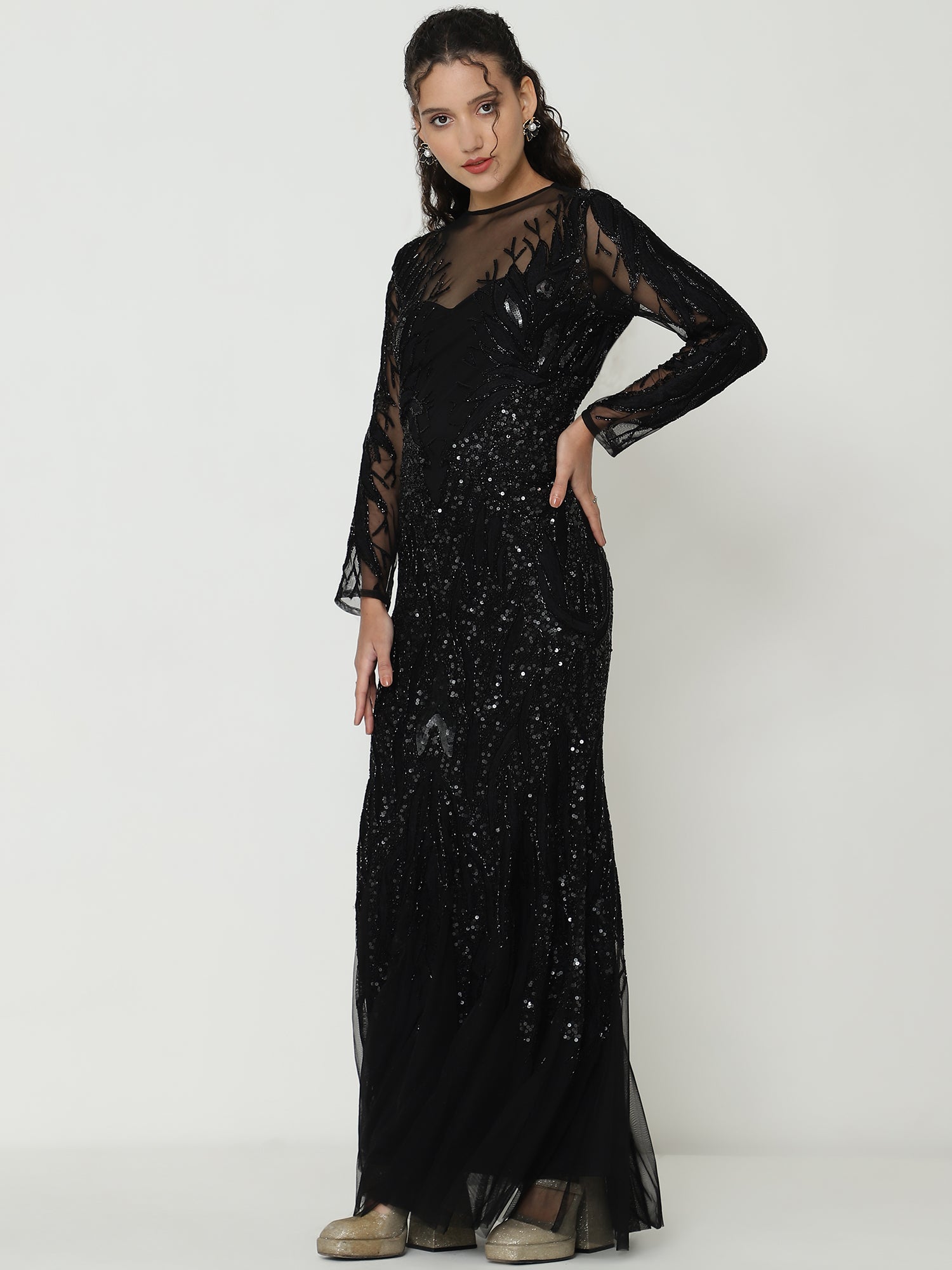 Elegant Black Full Sleeve Gowns  with Knitted Sequin Work