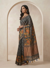 Charcoal Grey Tussar Silk Saree with Floral Print & Zari Border
