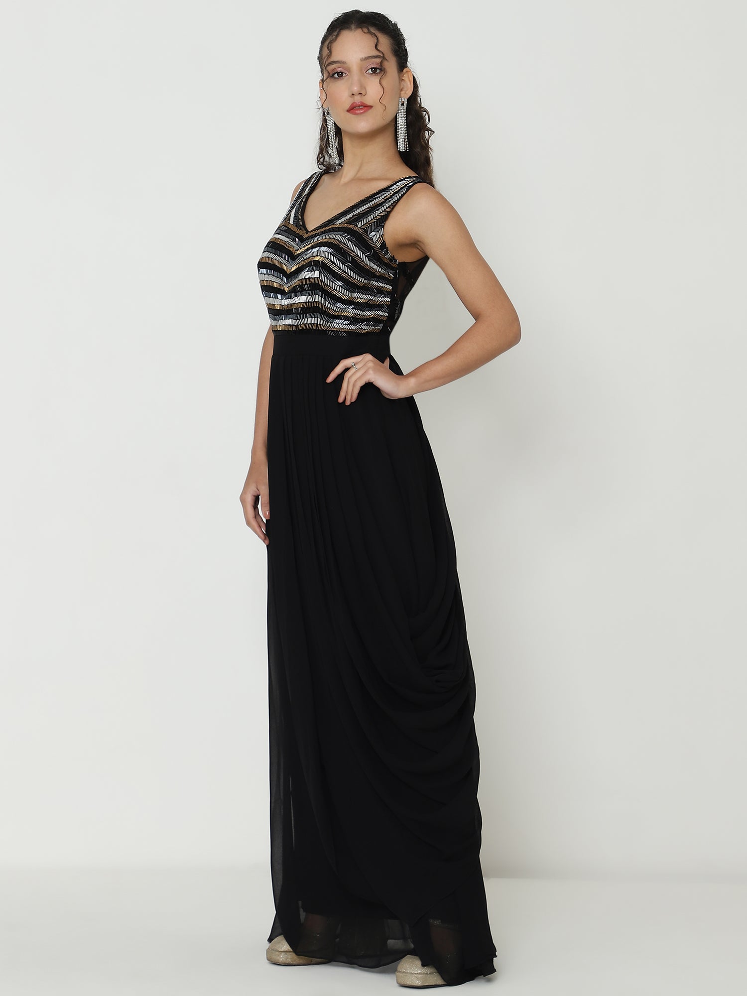 Elegant Black Organza Gowns  with Tube Work on Top