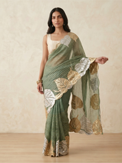 Organza Saree in Sage Green with Metallic Leaf Motif & Scalloped Edge