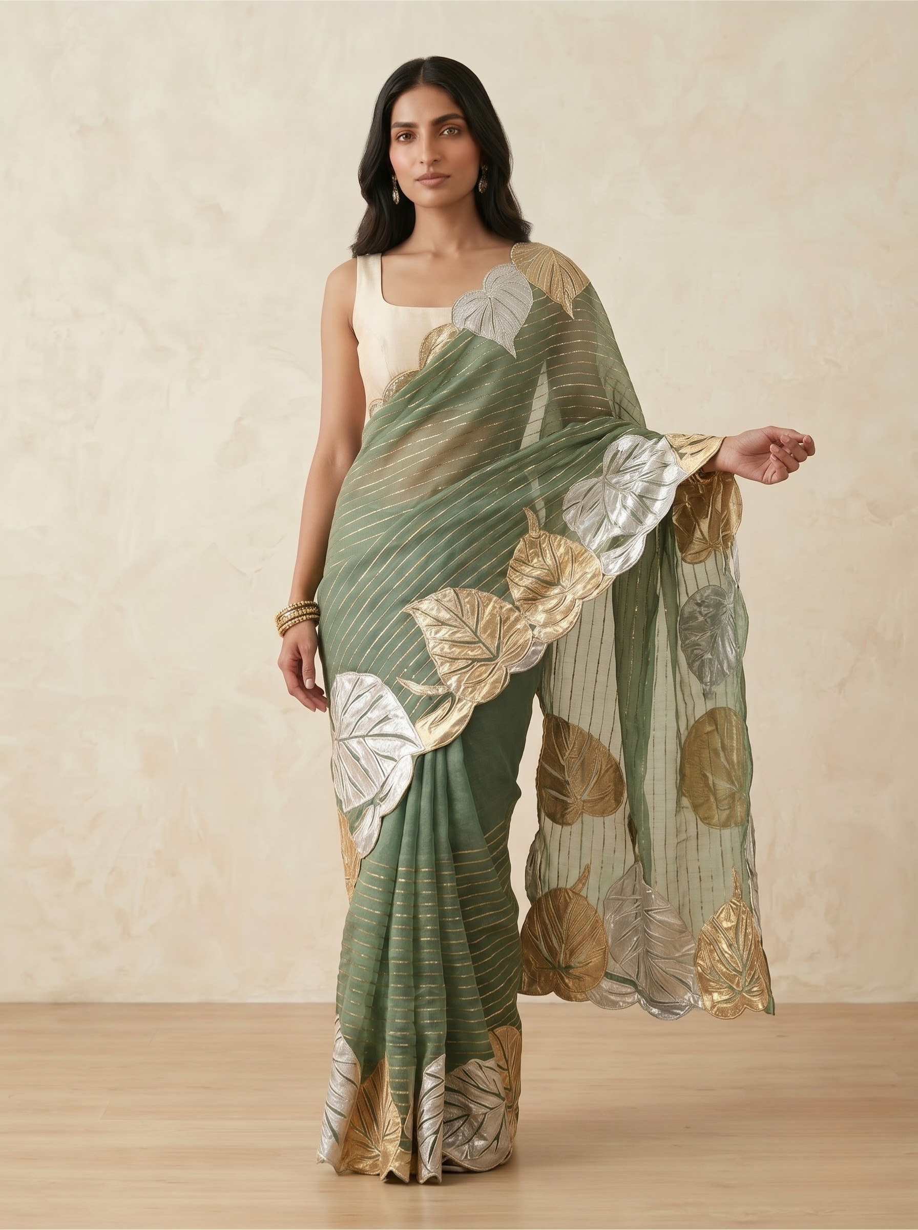 Organza Saree in Sage Green with Metallic Leaf Motif & Scalloped Edge