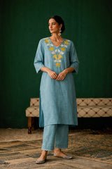 Powder Blue Linen Embroidered Salwar Set for Women – Elegant Floral Embroidery Kurta & Pants