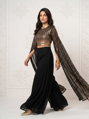 Black & Gold Sequin Embroidered Georgette Crop Top Palazzo Set