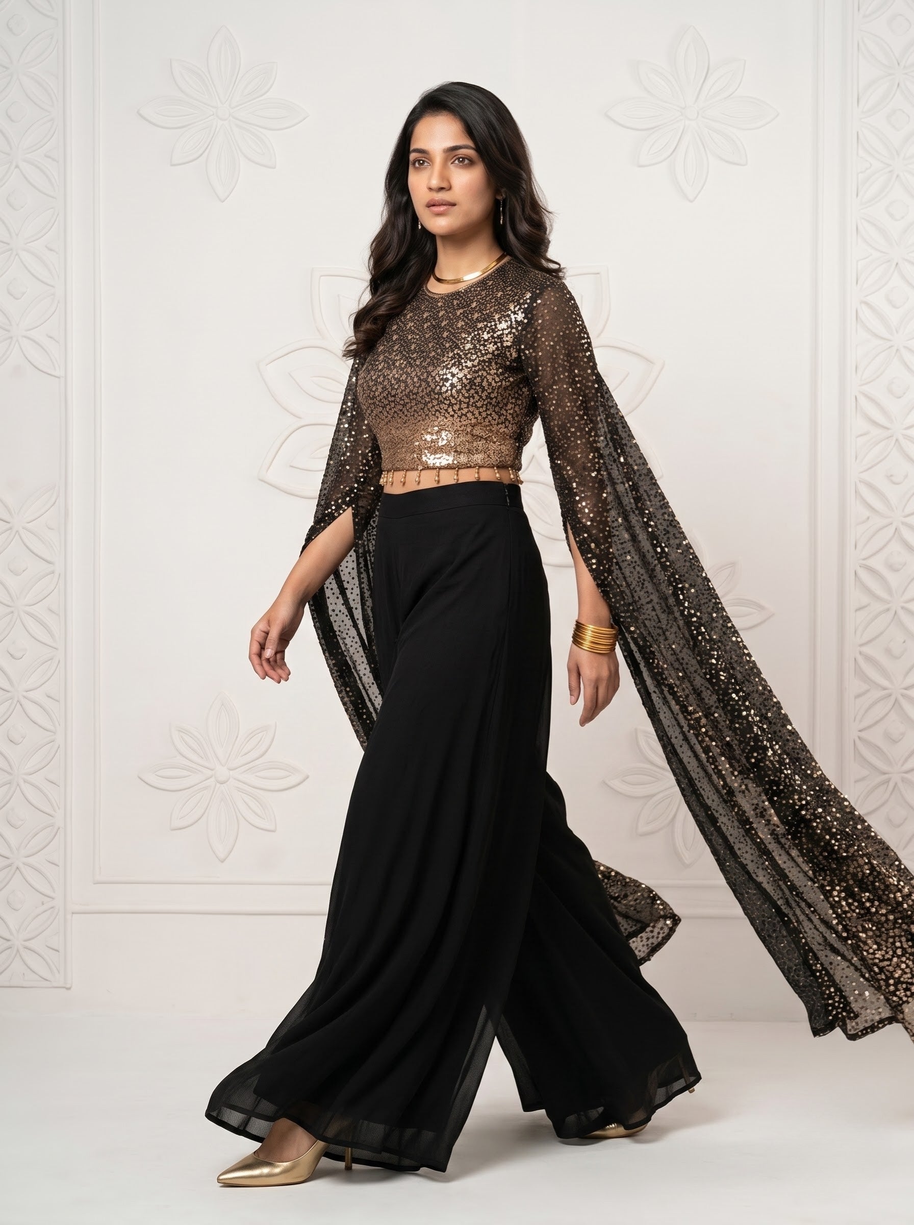 Black & Gold Sequin Embroidered Georgette Crop Top Palazzo Set