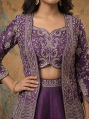 Royal Purple Hand-Embroidered Raw Silk Lehenga Set with Couture Jacket