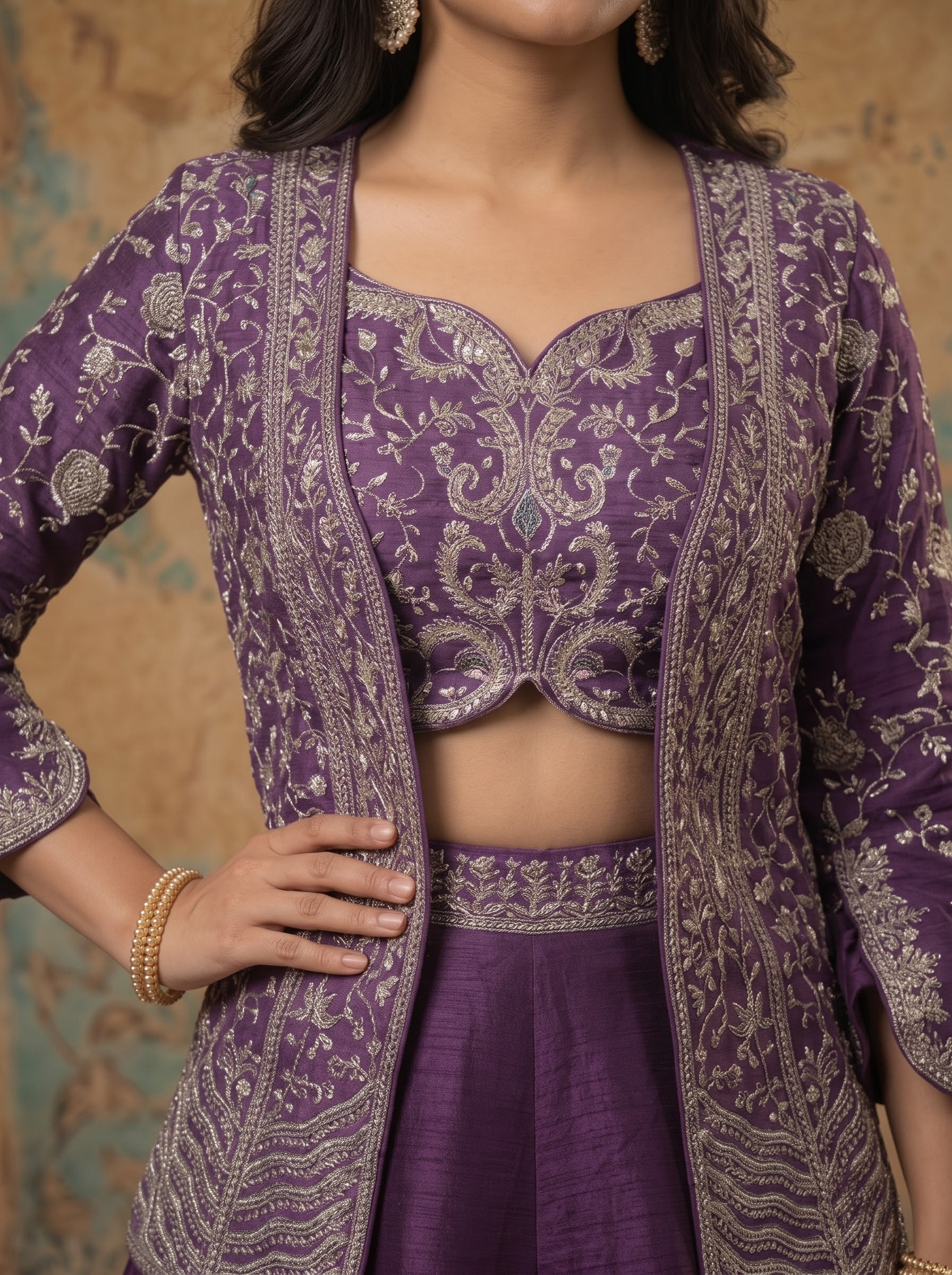 Royal Purple Hand-Embroidered Raw Silk Lehenga Set with Couture Jacket