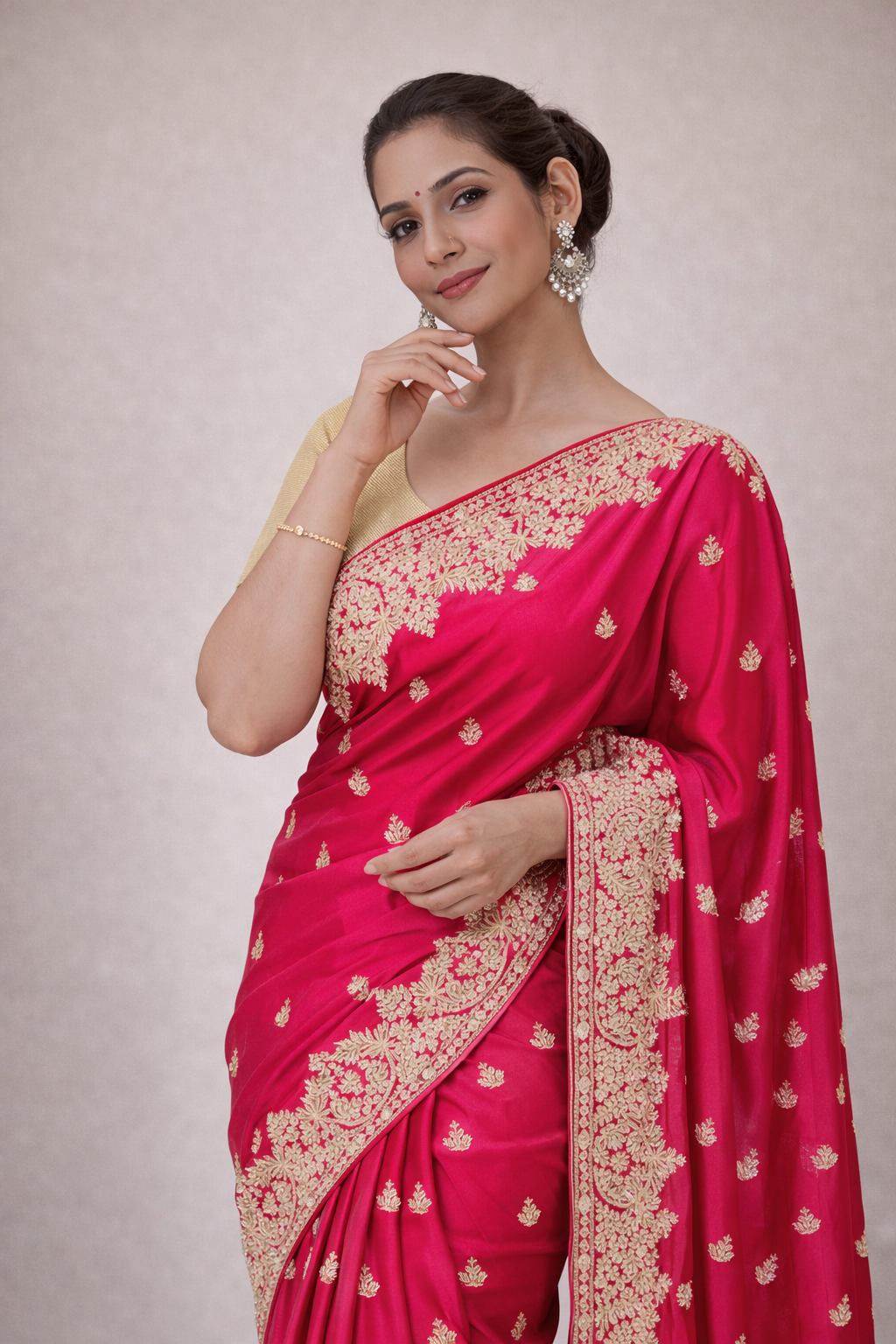 Rani Pink Designer Saree with Heavy Gold Embroidery Border
