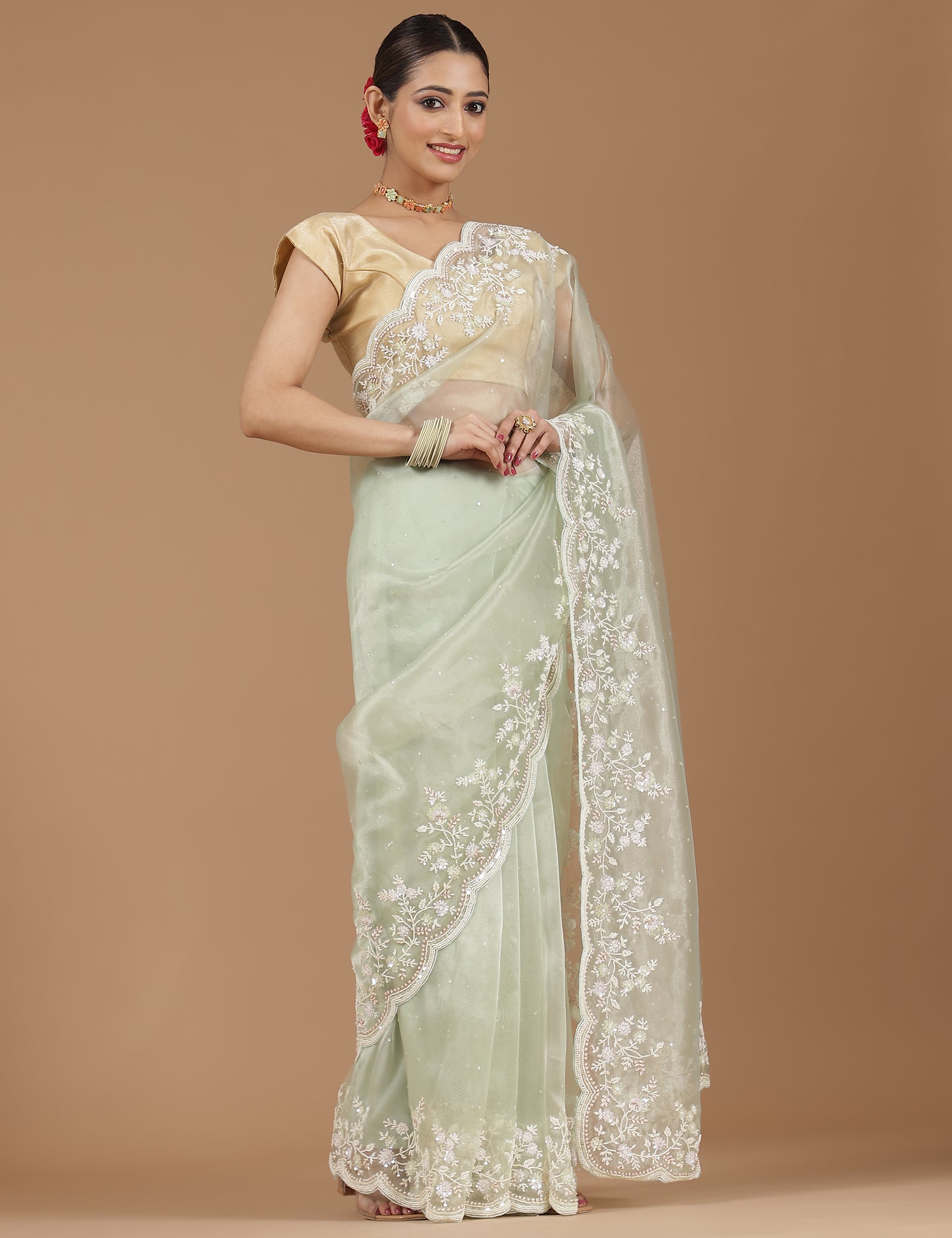 Net Saree with Delicate Floral Embroidery & Scalloped Border