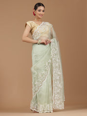 Net Saree with Delicate Floral Embroidery & Scalloped Border