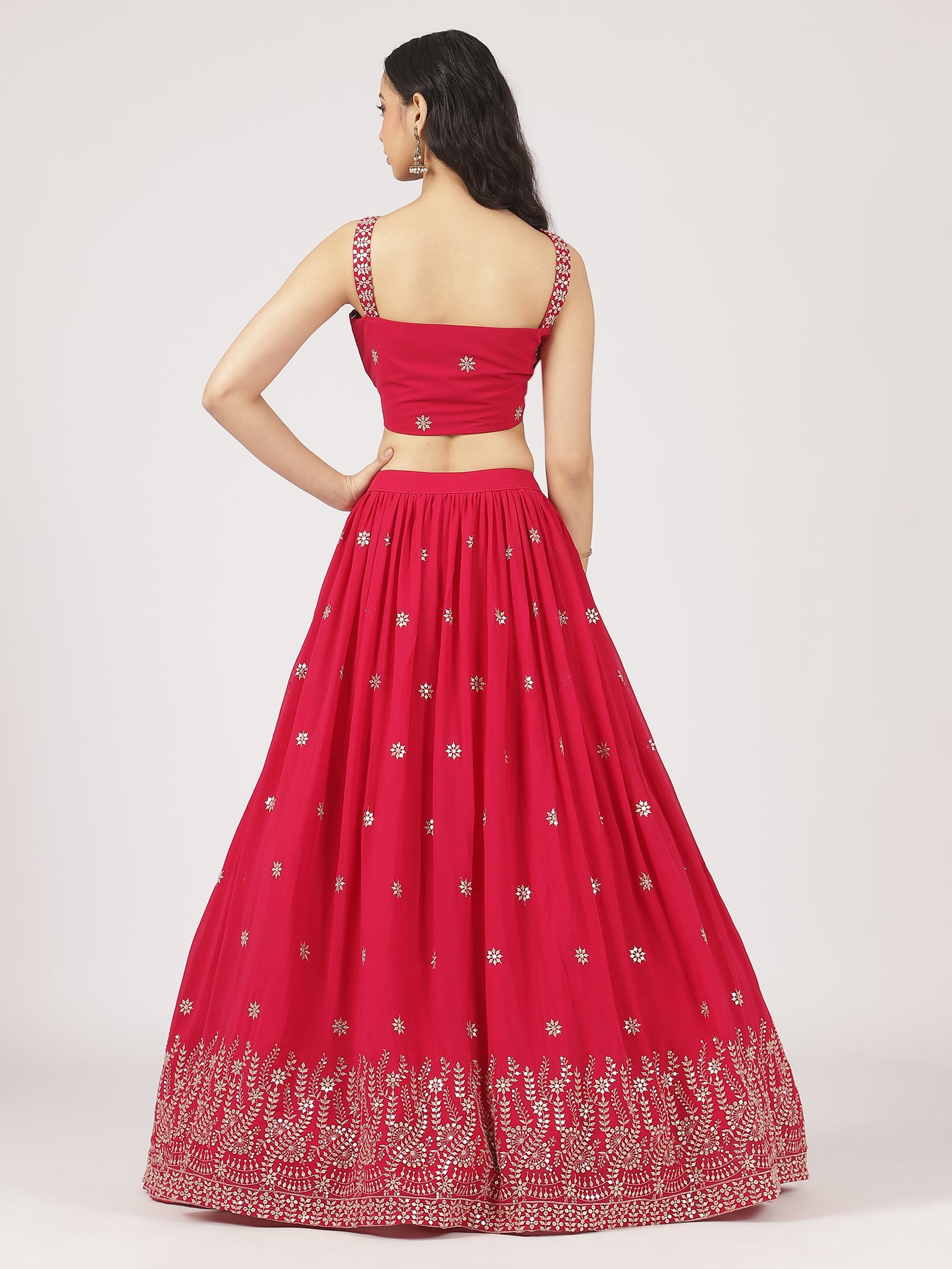 Radiant Red Embroidered Lehenga Set with Mirror Work Blouse & Sheer Dupatta