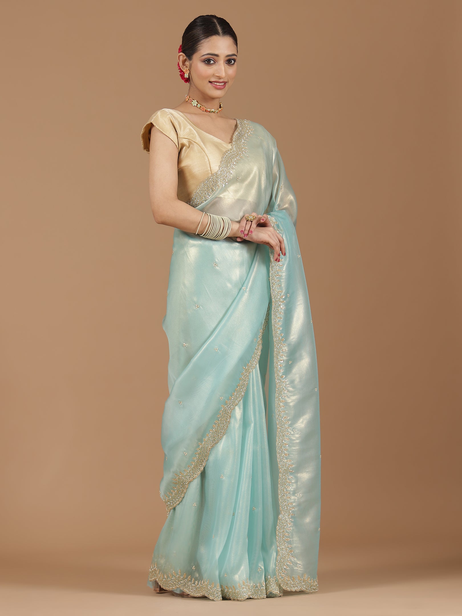 Pearl Embroidered Organza Saree