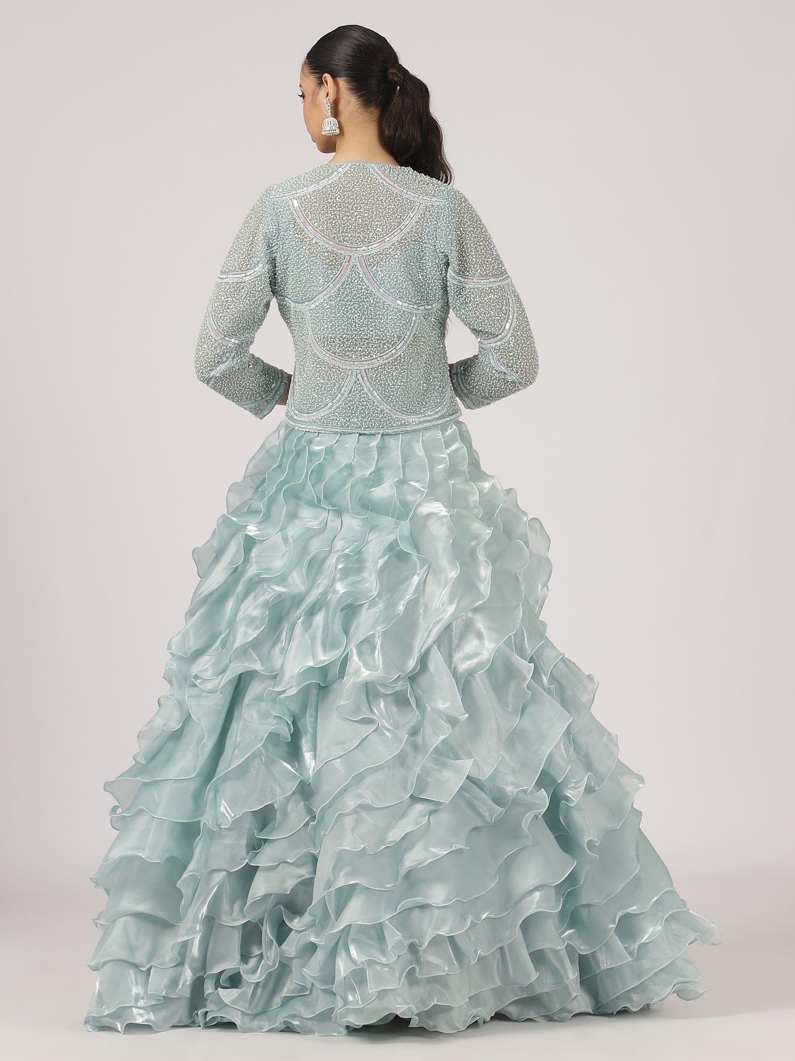 Sea Blue Organza Ruffled Lehenga with Pearl Work Blouse & Overcoat