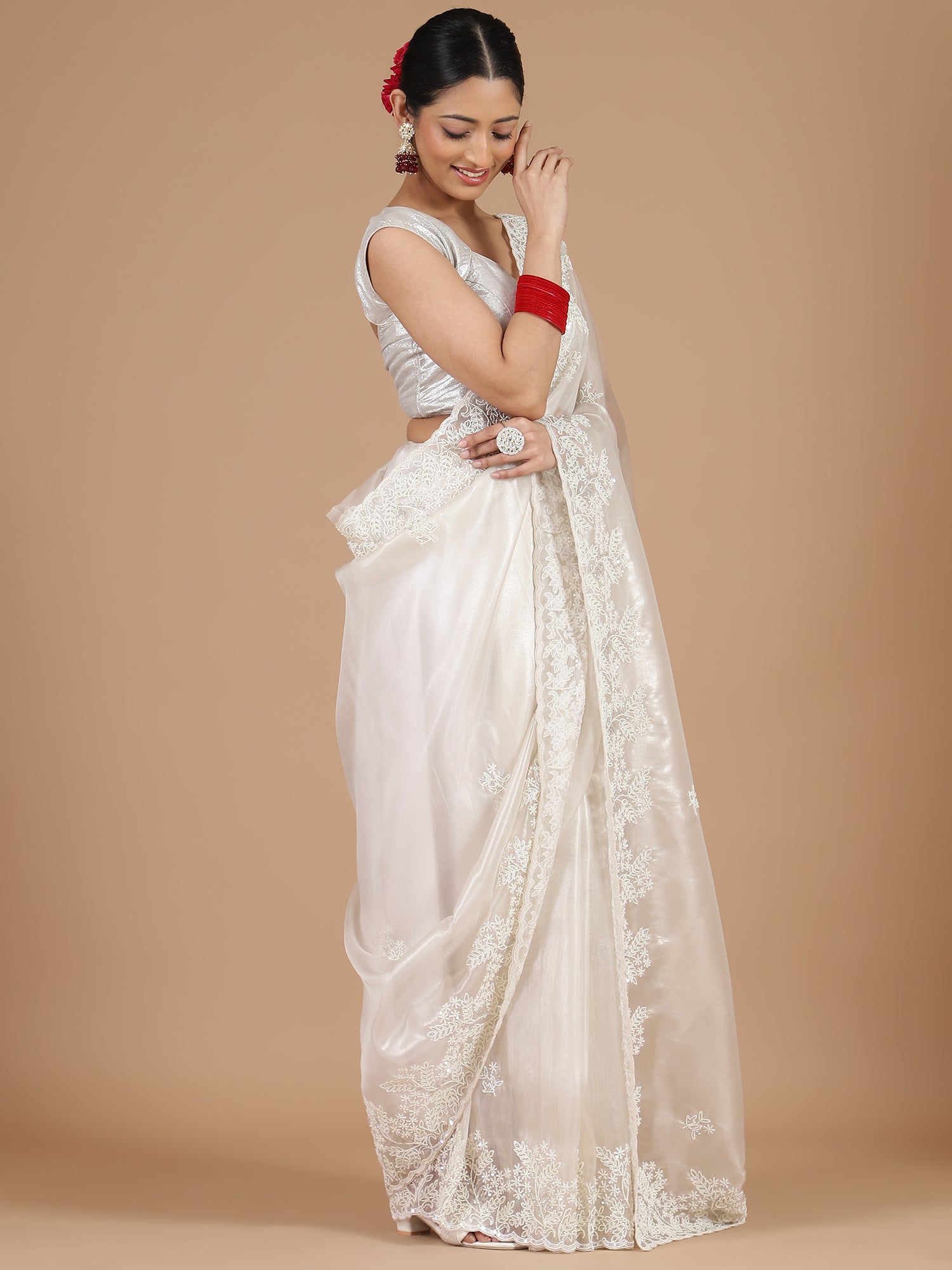 Ethereal Pure White Organza Tissue Saree with Scallop Sugar Beads Embroidery