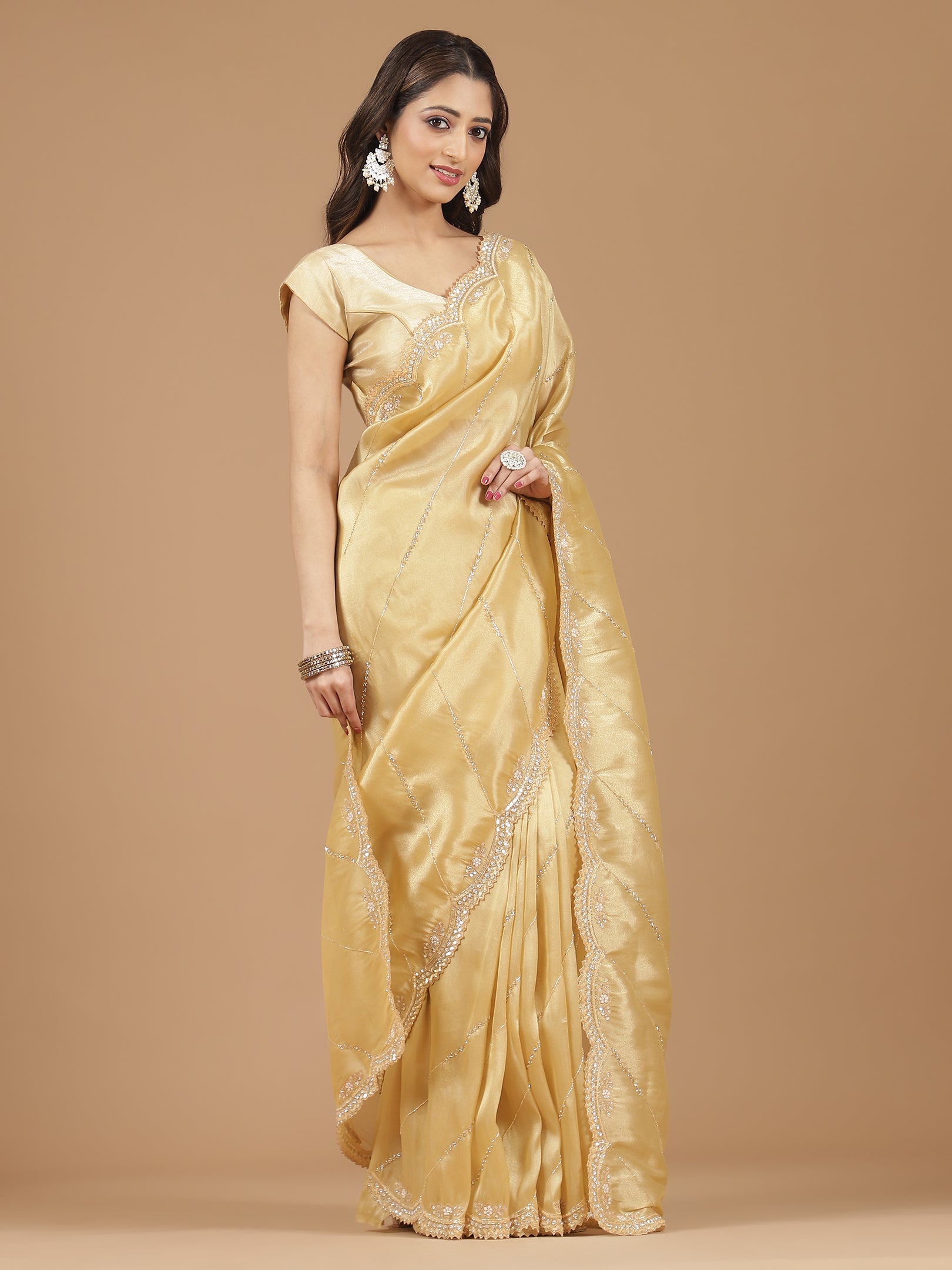 Luxe Golden Satin Silk Saree with Exquisite Embellishments