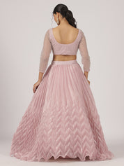 Pastel Pink Organza Pleated Lehenga with Pearl Work Blouse & Ruffled Dupatta