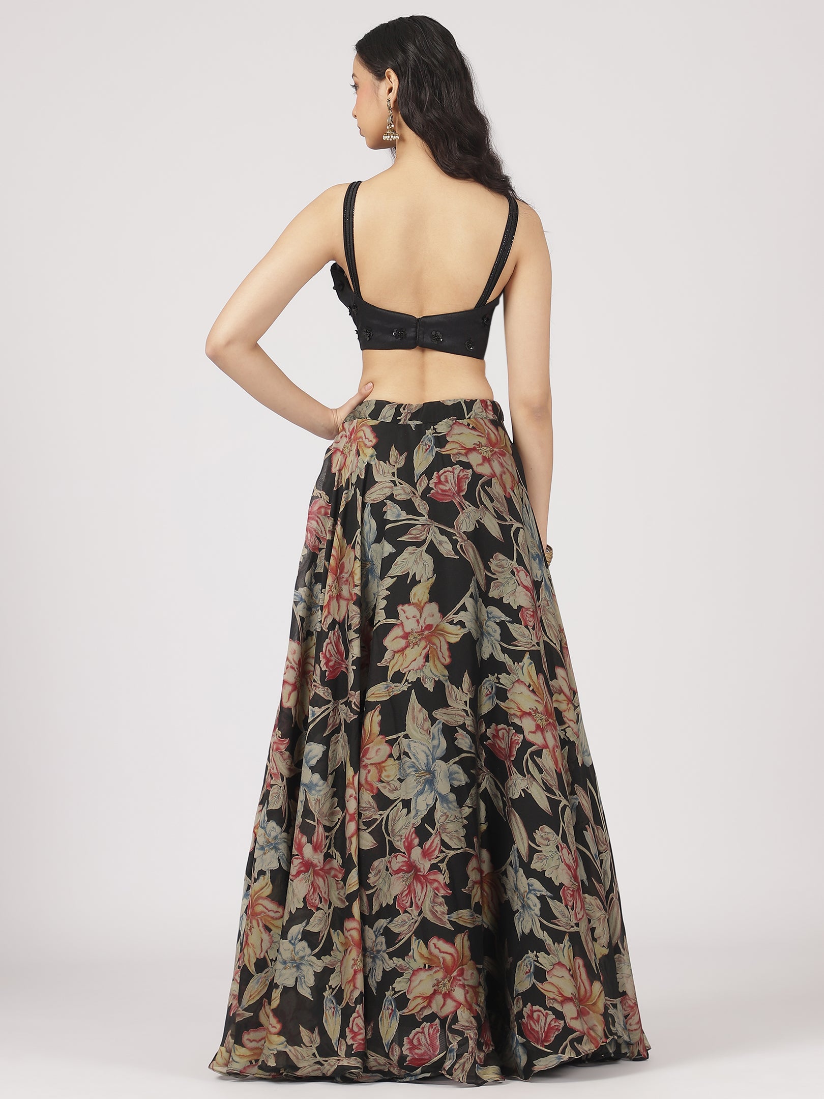 Black Floral Printed Organza Lehenga with Embroidered Blouse & Net Dupatta