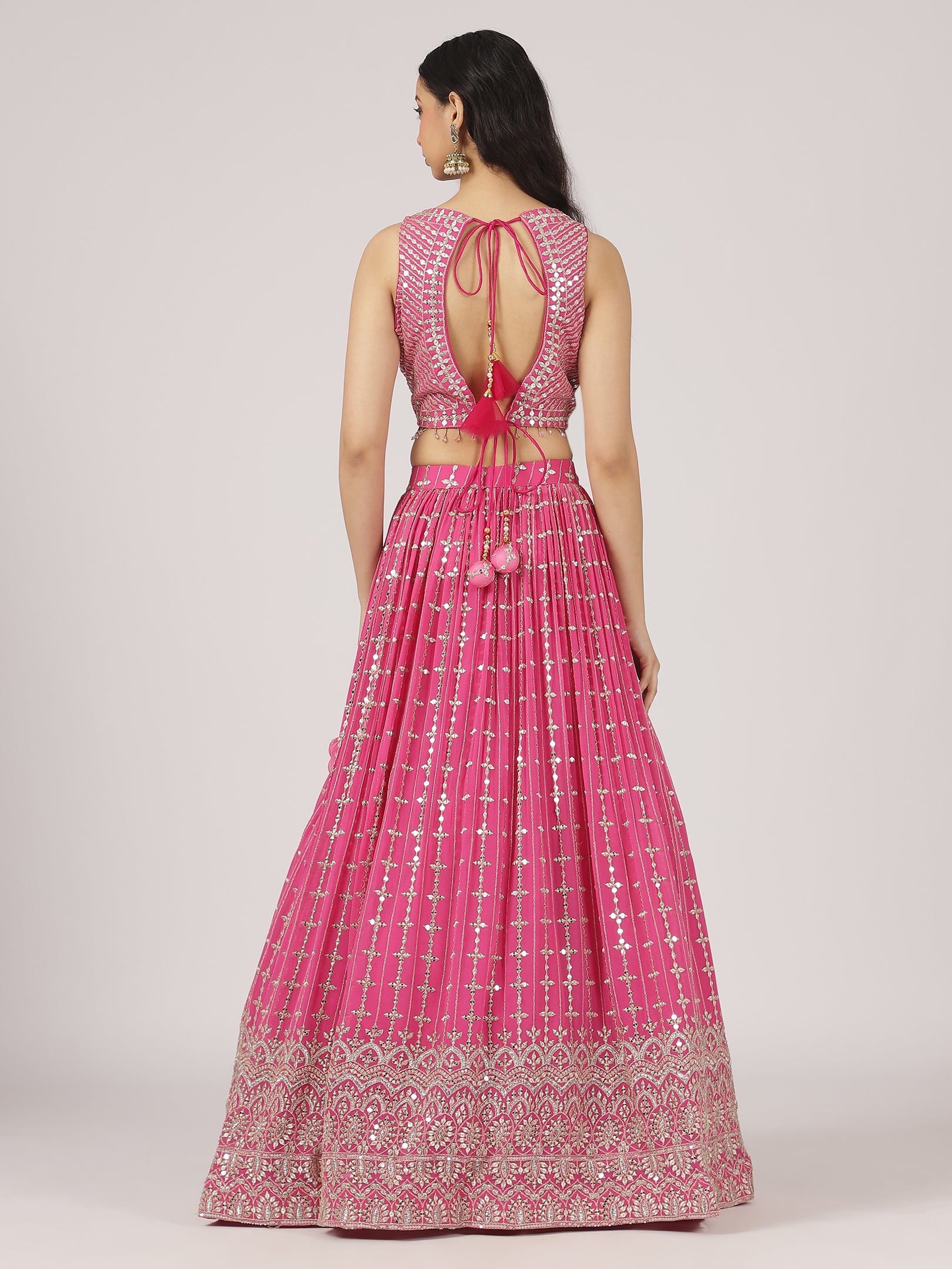 Fuchsia Pink Mirror Work Lehenga with Embroidered Blouse & Dupatta