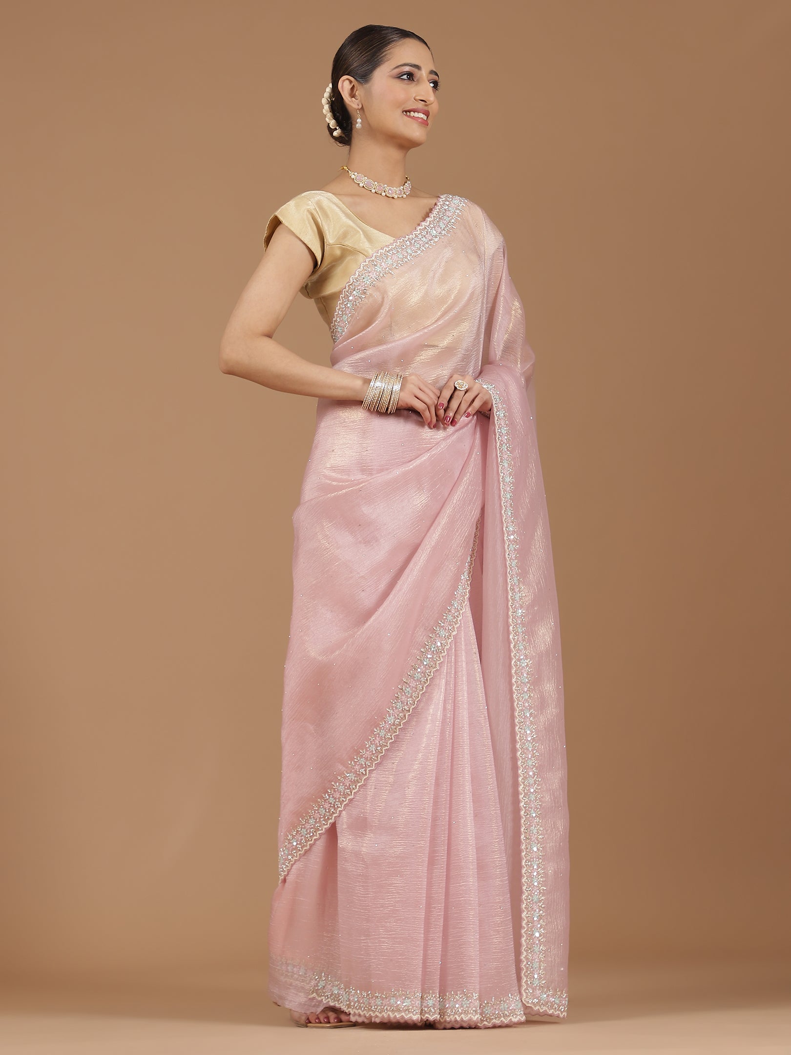 Net Saree with Delicate Floral Embroidery & Scalloped Border