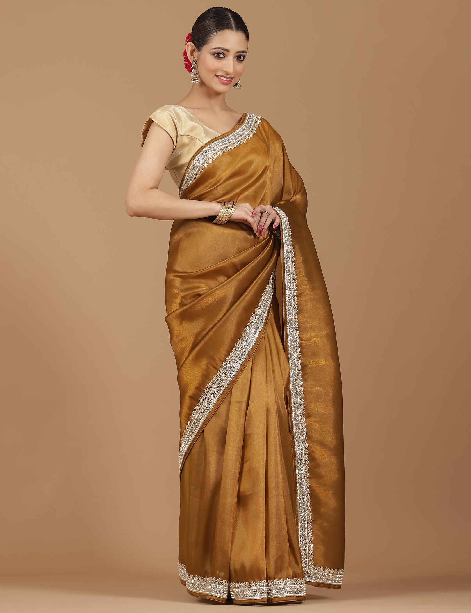 Satin Silk Saree with Delicate Stonework Border