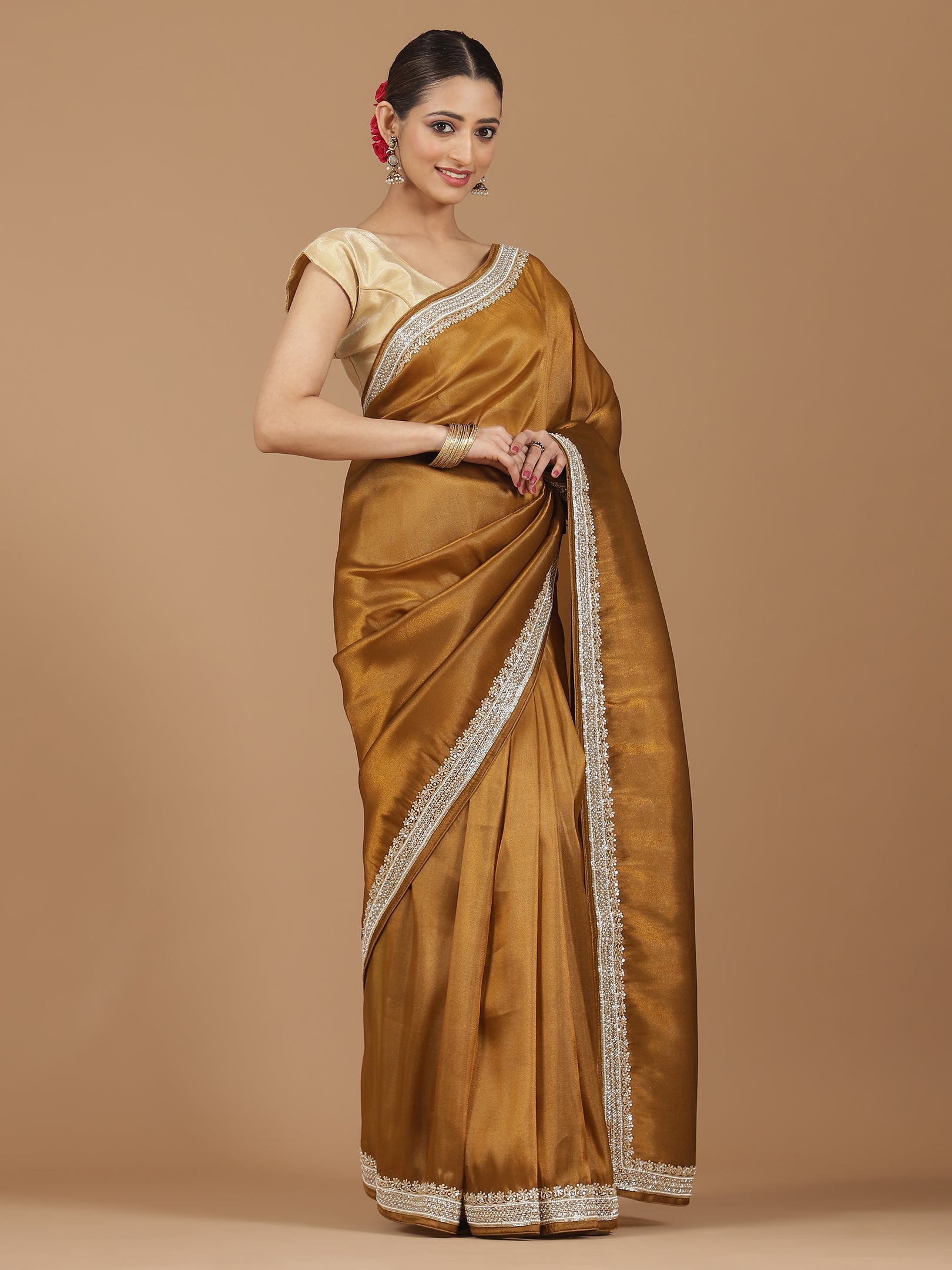 Satin Silk Saree with Delicate Stonework Border