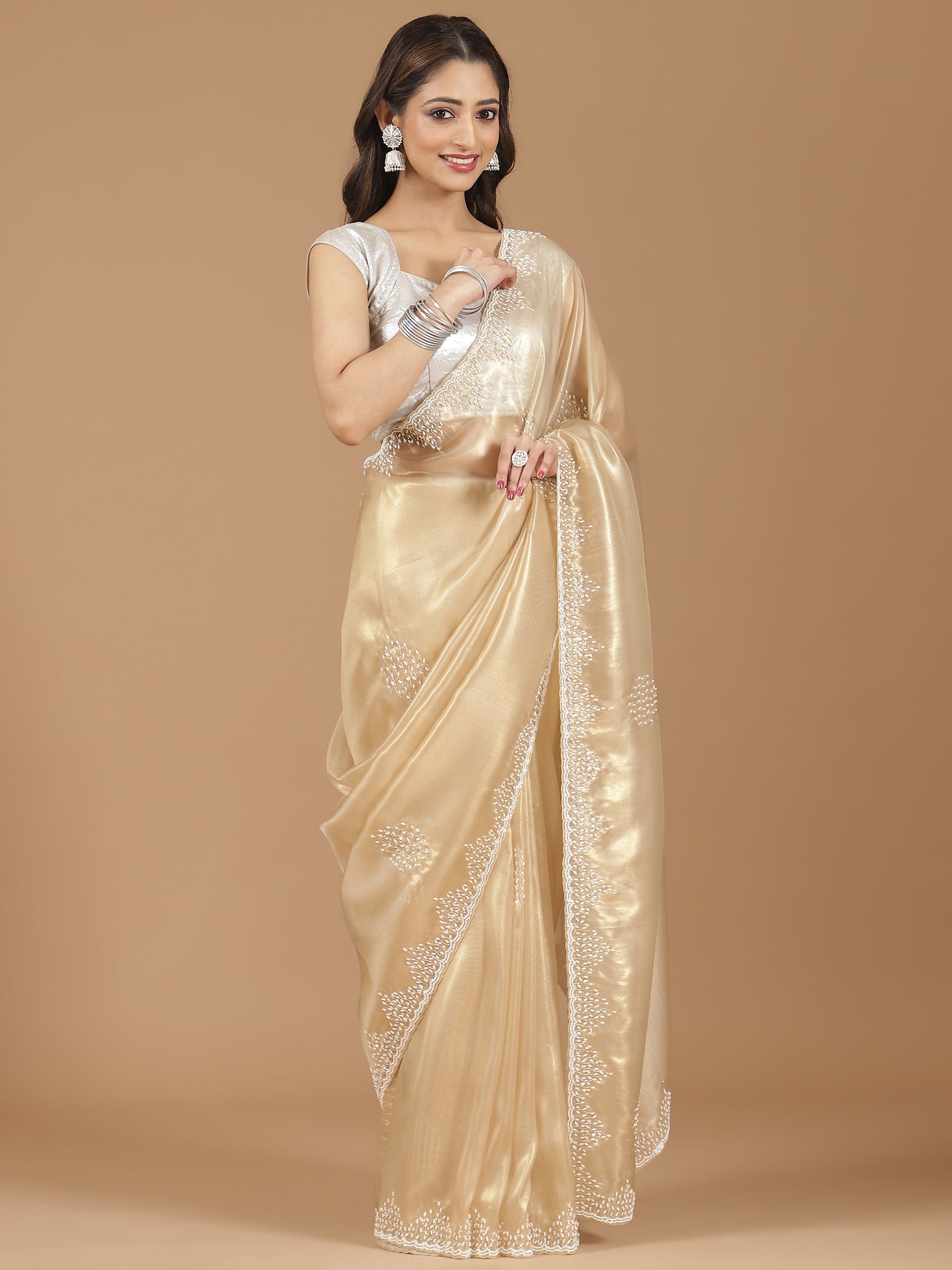 Elegant Champagne Gold Satin Silk Saree with Pearl Embroidery