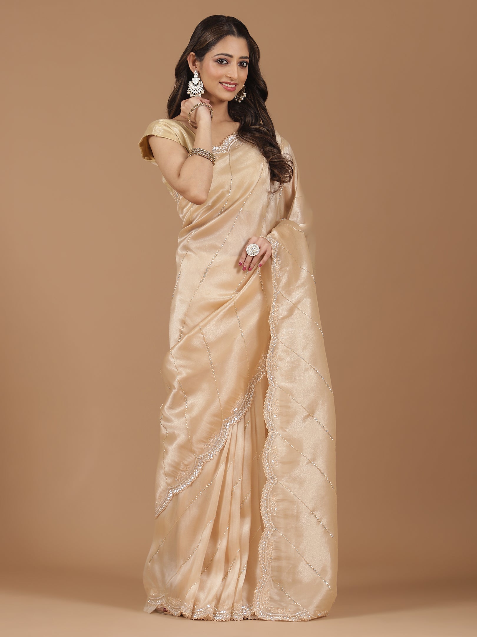 Radiant Cream Organza Saree with Delicate Embellishments