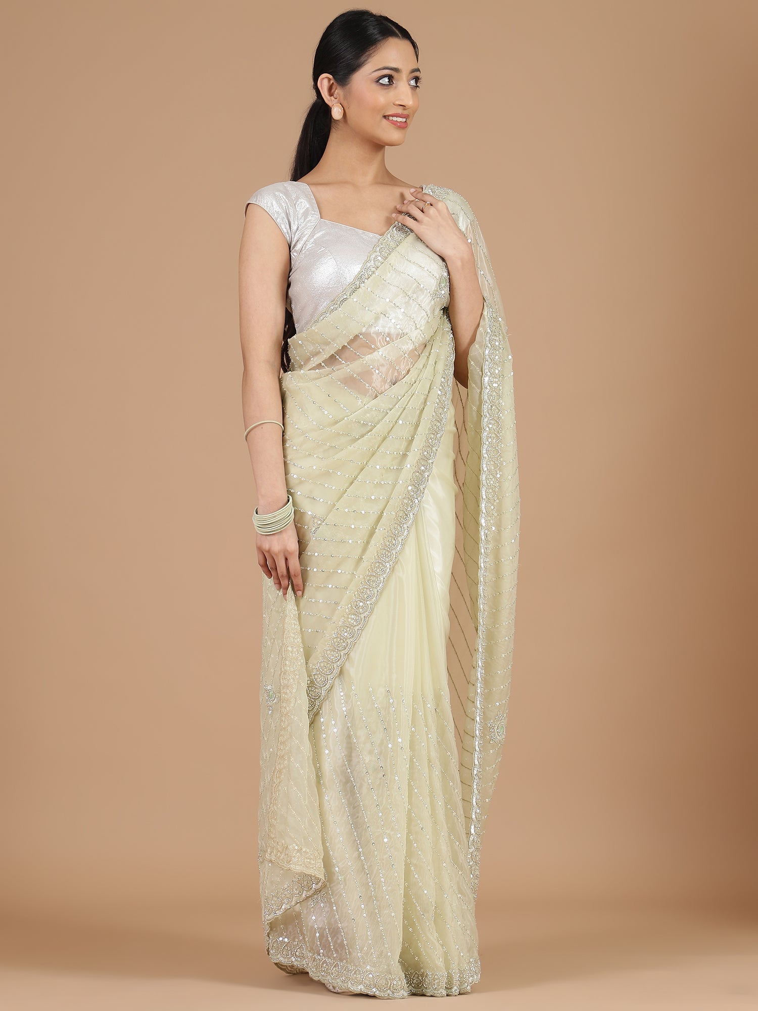 Graceful Beige Organza Tissue Saree with Sequin Work & Embroidery