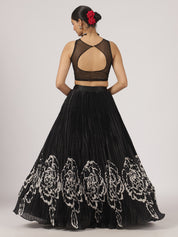 Black & White Satin Pleated Lehenga with Beaded Embroidered Blouse & Netted Dupatta