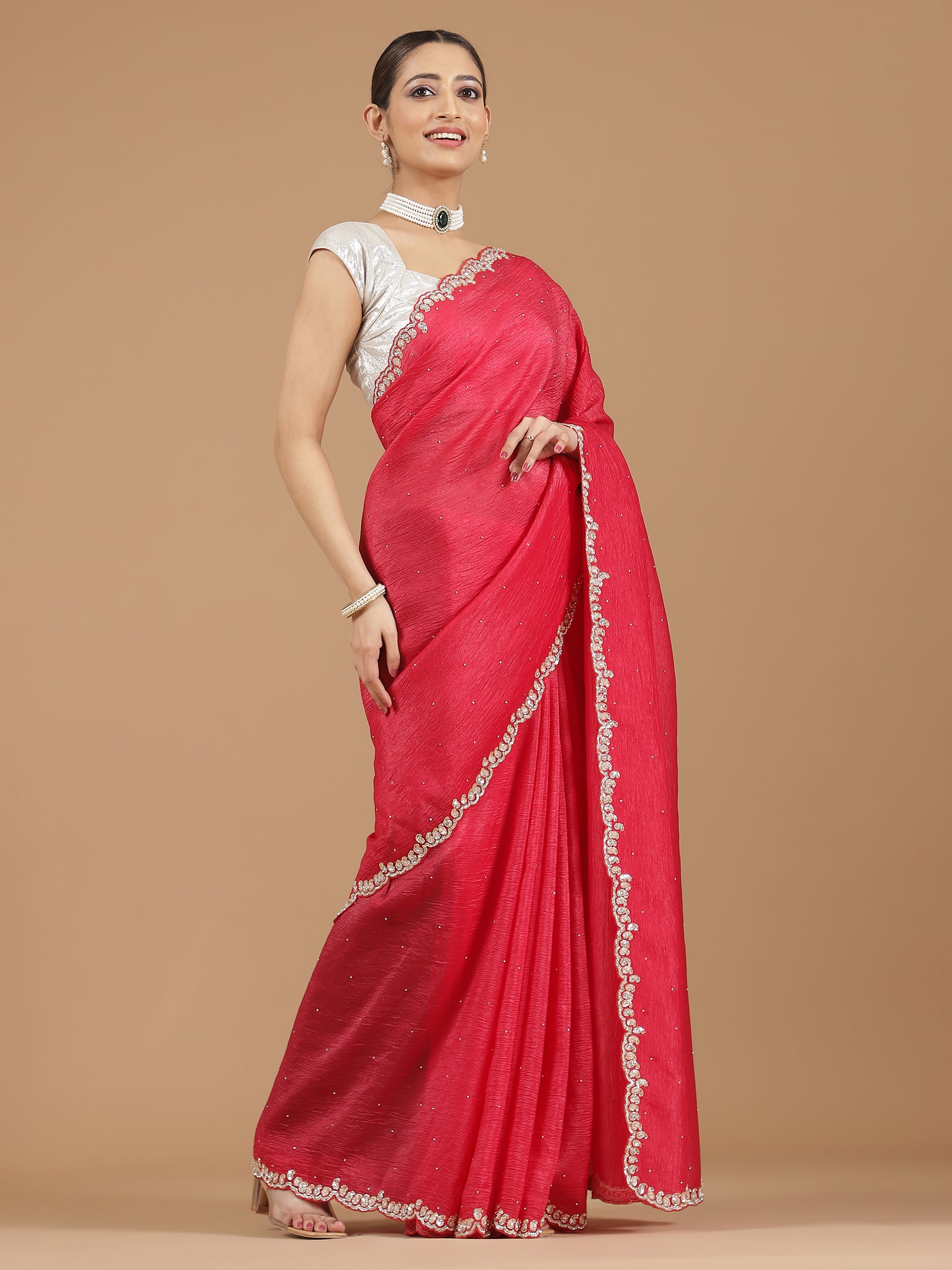 Crushed Silk Saree with Embellished Border