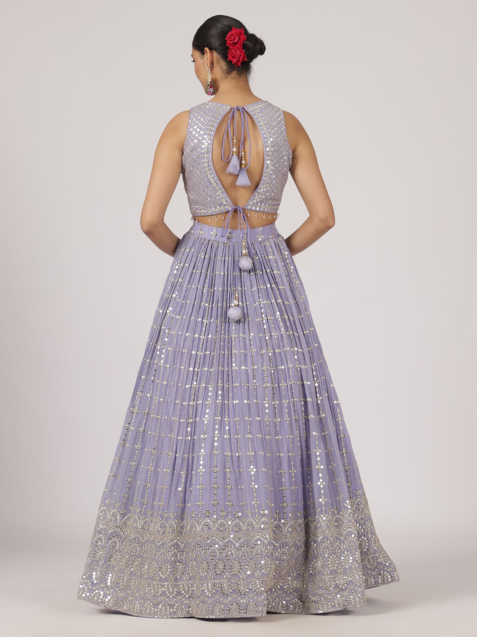 Lavender Mirror Work Lehenga with Embroidered Blouse & Sheer Dupatta