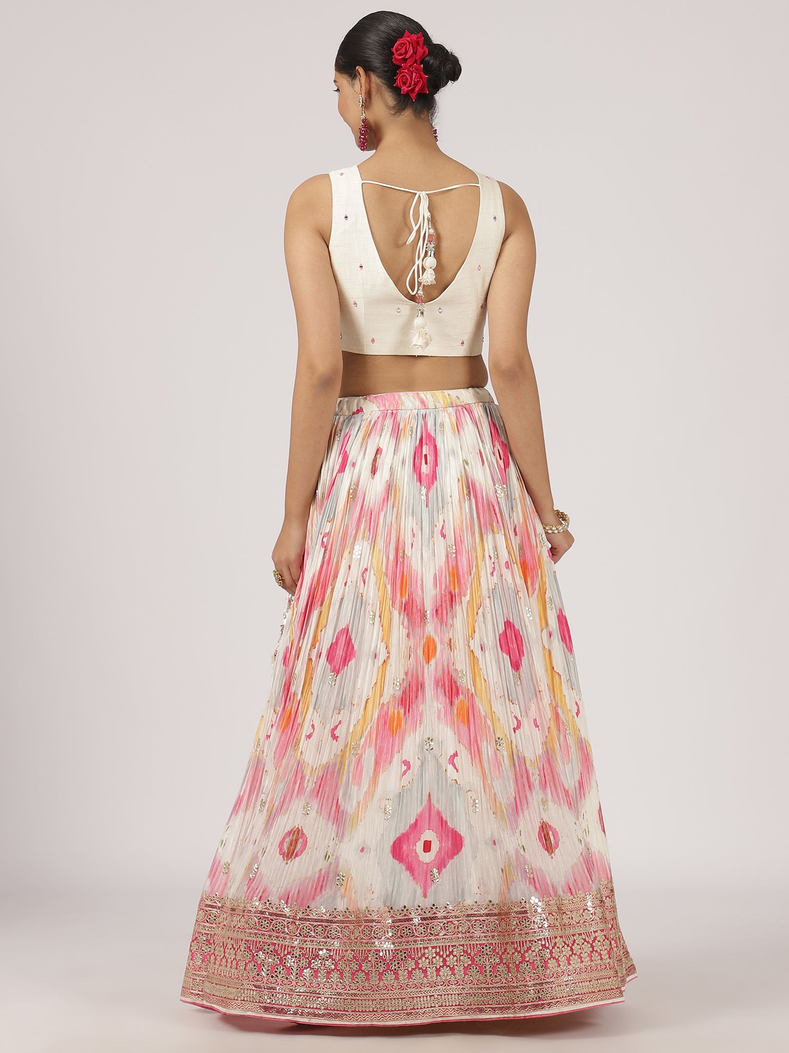 Elegant White & Pink Silk Lehenga with Embroidery & Sequins Work